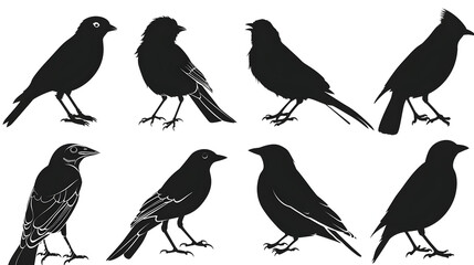 Detailed bird black silhouettes of different kind
