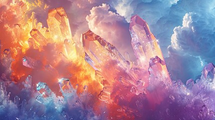 Crystal blocks suspended in air, backdropped by clouds and a blue sky dotted with white clouds