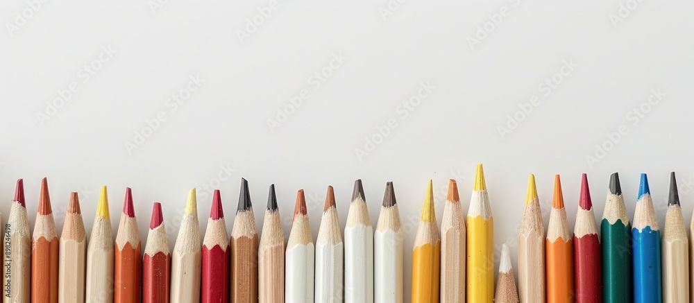 Poster colorful pencils on white backdrop with room for text ideal for educational themes or back to school
