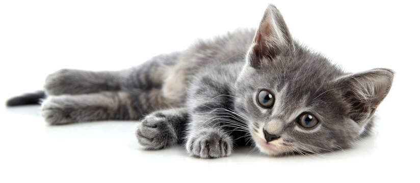 A cute gray kitten resting on the floor with a white background for a copy space image