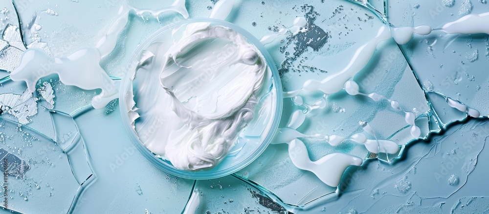 Poster clear liquid cosmetic product smeared on a broken glass surface top view with a copy space image com