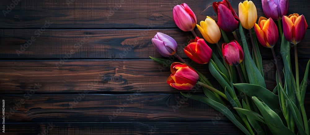 Leinwandbilder top view of colorful tulips on a dark wooden surface offering a space for text within the image. cre