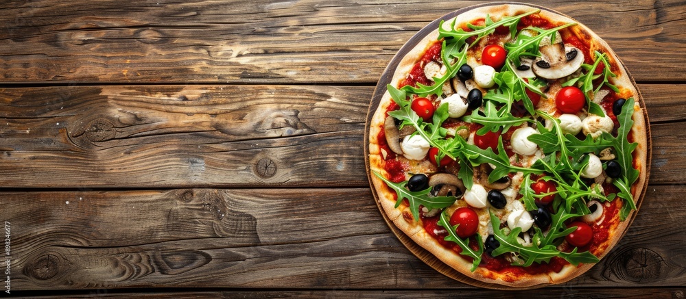 Poster delicious italian pizza topped with mozzarella tomato olives mushrooms and arugula on a rustic woode