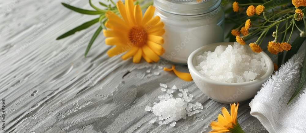 Poster calendula medical cream and bath salt displayed against a gray canvas with white wood background pro