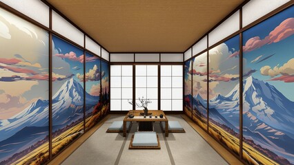 Japanese Contemporary tea house interior with shoji screen tatami flooring