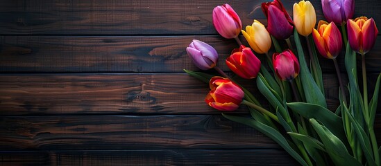 Top view of colorful tulips on a dark wooden surface offering a space for text within the image. Creative banner. Copyspace image