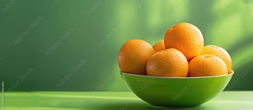 Poster A vibrant display featuring a bowl of oranges set against a lush green backdrop creating an appealing copy space image