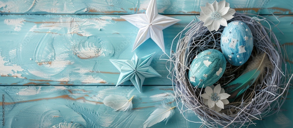 Poster Celebrate Easter with a vibrant display of Easter eggs in a nest accompanied by a paper star flower and feather on a pastel colored bright blue and white wooden backdrop ideal for a copy space image