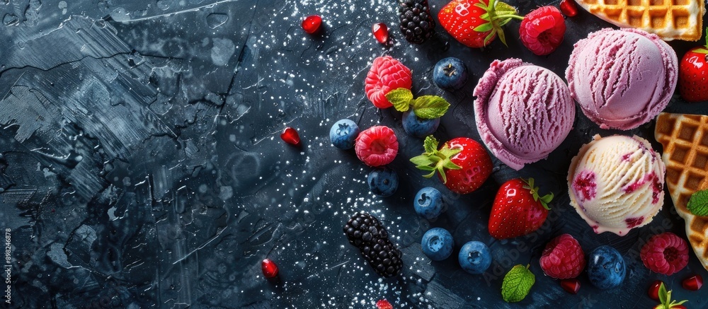 Poster Delicious red fruits topping ice cream and waffles on a dark stone backdrop with copy space image available for text