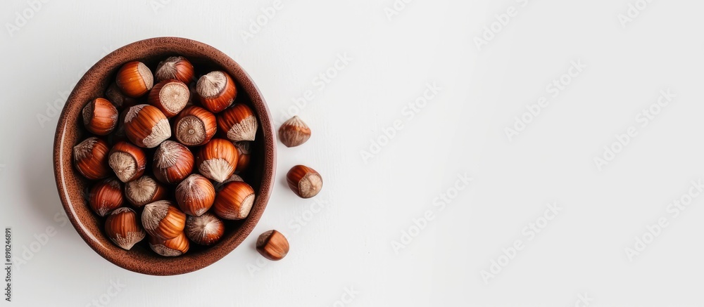 Aufkleber Top down view of hazelnuts in ceramic container against white backdrop with space for adding text or images. Creative banner. Copyspace image