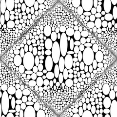 A diamond-shaped pattern of ovals. Black and white vector texture. Simple geometric print. Abstract geometric ornament. Interlacing ovals of different sizes. The embossed texture of the fabric.