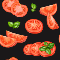 Seamless pattern with red ripe juicy slices and tomato slices. A healthy diet of vegetables and ingredients. Floral background for packaging and textiles. Digital isolated illustration