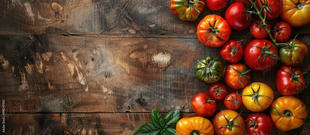 Aufkleber top down view of organic farm grown tomatoes and sweet peppers arranged on a wooden backdrop with a 