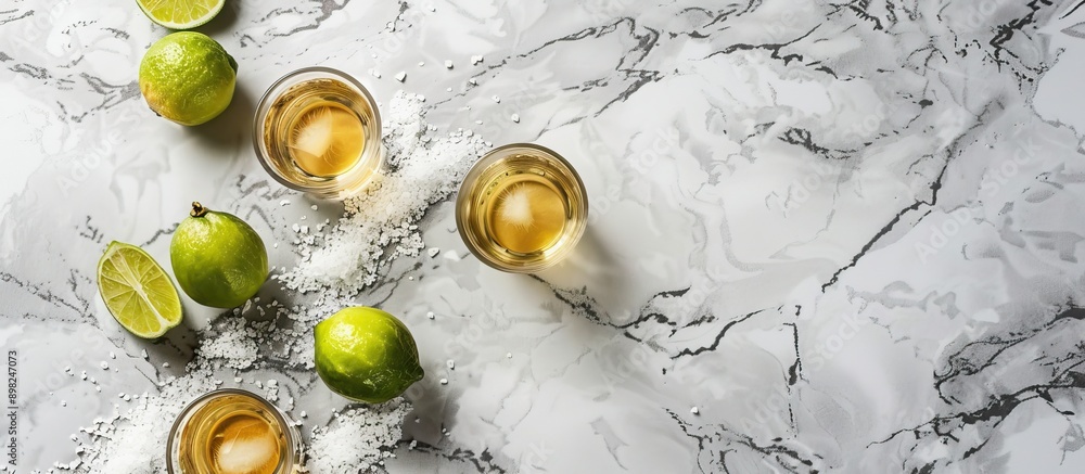 Poster a flat lay composition featuring mexican tequila shots lime slices and salt arranged on a grey marbl