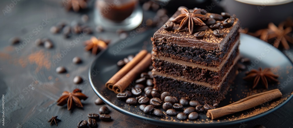 Aufkleber delicious chocolate cake paired with aromatic black coffee topped with coffee beans cinnamon and ani