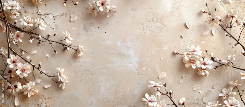 Aufkleber beige backdrop showcasing blossoming branches with copy space image