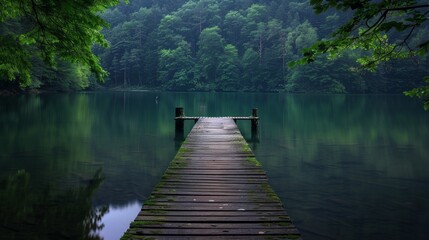 Wooden Dock Extending Over Serene Lake Surrounded by Lush Greenery.