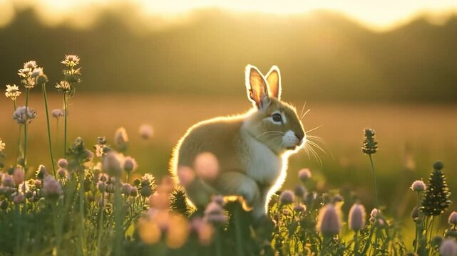 A rabbit hopping through a field of wildflowers, the camera moving smoothly alongside.