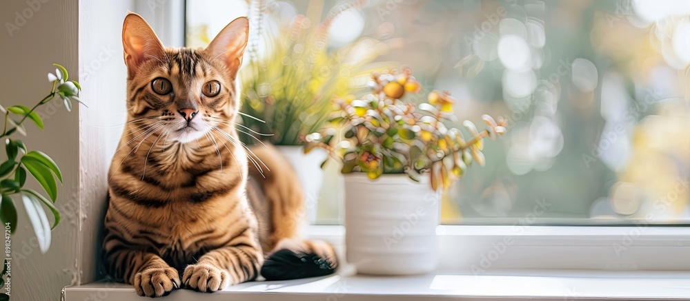 Poster adorable bengal cat sitting on a windowsill at home with copy space image available