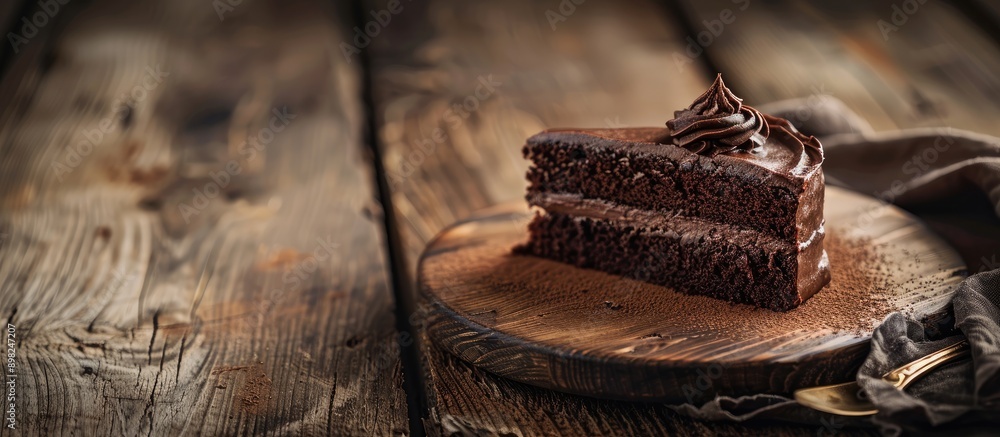 Poster delicious chocolate cake topped with creamy whipped chocolate butter on a rustic wooden table with a