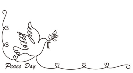 World Peace Day minimal background, web banner with white dove, pigeon and olive branch. One continuous line drawing background with lettering Peace Day