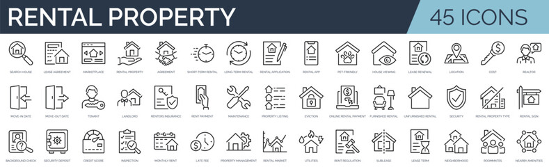 Set of 45 outline icons related to rental property. Linear icon collection. Editable stroke. Vector illustration