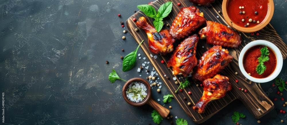 Aufkleber chicken wings and legs on a cutting board with spices set against a rustic dark gray background perf