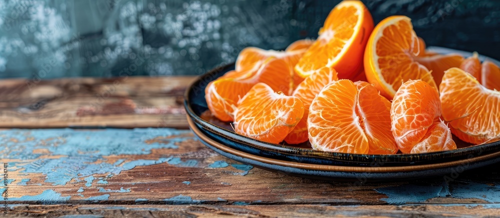 Poster Close up side view of Mandarin slices arranged on a black plate placed on a rustic wooden table with copy space image for text