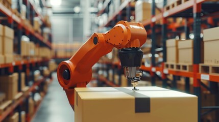 Robotic arm picks up cardboard boxes in warehouse Automated robot arm in warehouse. 3D illustration