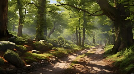 Fototapeta premium Blurred Forest Path in Spring Dappled with Sunlight and Surrounded by Green Trees
