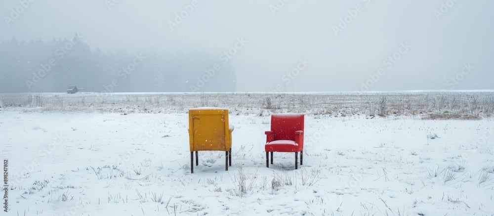 Poster Creative concept showcasing two chairs on a snowy field with empty space for text or images utilizing copy space image
