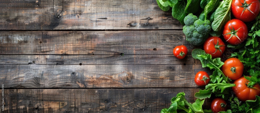 Poster aerial view of fresh vegetables on a rustic wooden backdrop symbolizing a wholesome vegetarian diet 