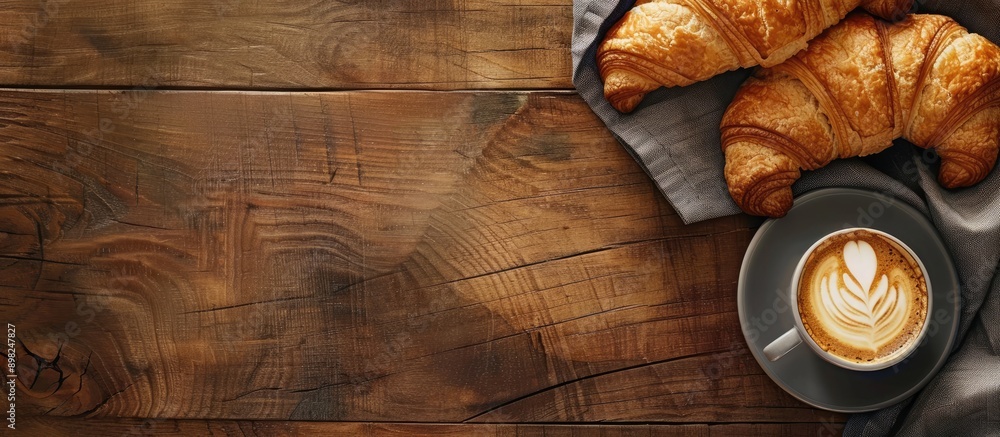 Poster croissant and coffee freshly served on a wooden backdrop with copy space image