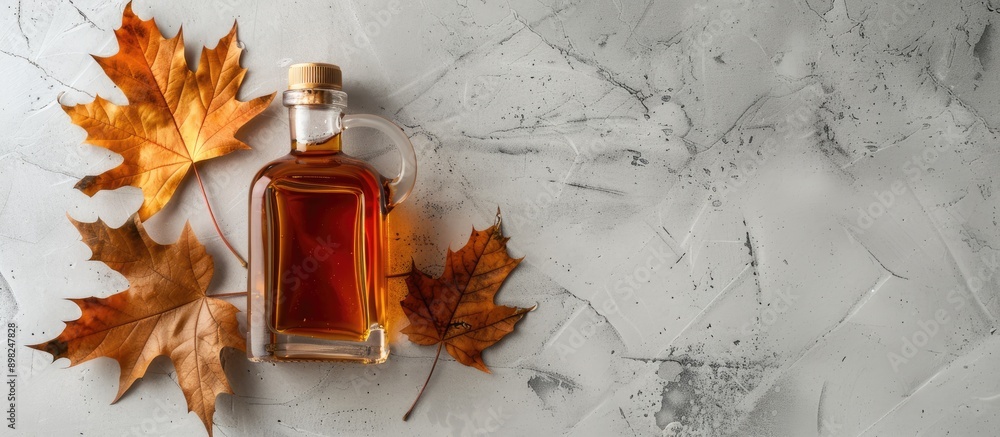 Aufkleber Flat lay composition featuring a delicious bottle of maple syrup a dry leaf and a light grey table with ample copy space image