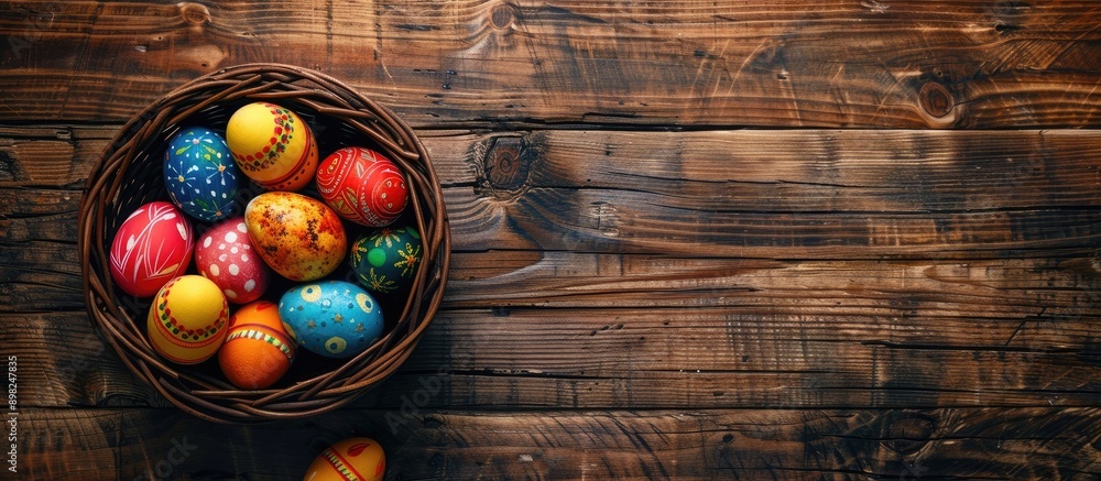 Leinwandbilder a top down view of easter eggs in a wicker bowl on a wooden surface with a clear area for additional