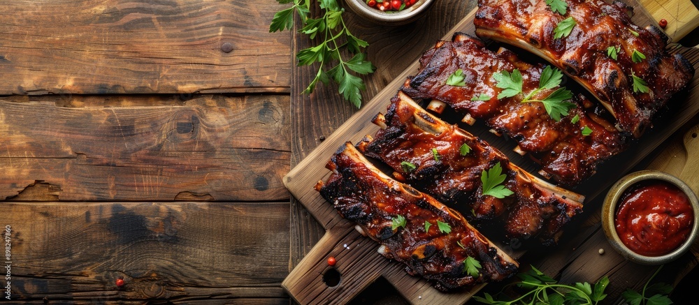 Poster top down view of hot and spiced grilled lamb ribs on a wooden table with a cutting board and room fo