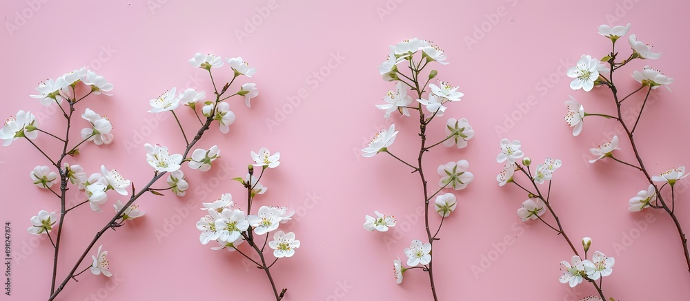 Sticker Top view flat lay of delicate white flowers on spring twigs against a pink backdrop Perfect for a greeting card or any design with copy space image