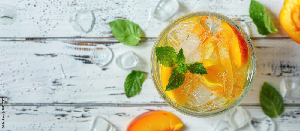 Poster top down view of a delightful peach lemonade with sparkling water on a white wooden surface with roo