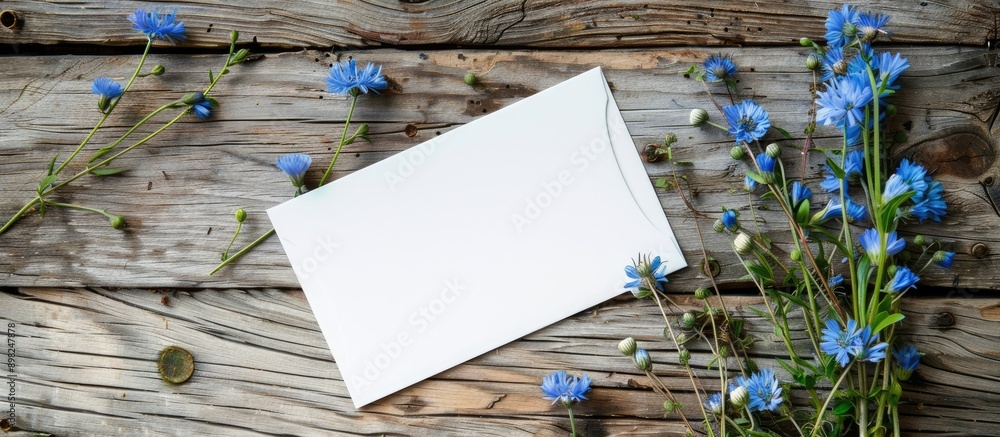 Aufkleber Creative design with blue wildflowers on rustic wood with blank white greeting card and envelope for copy space image