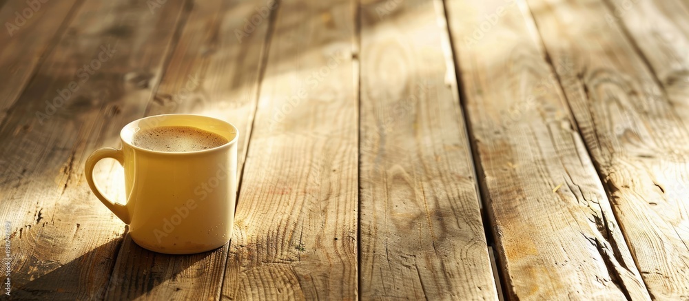 Poster coffee cup resting on a wooden table with an empty space for text or images suitable for background 