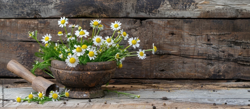 Aufkleber chamomile flowers arranged in a mortar resting on a rustic wooden table creating a serene and inviti