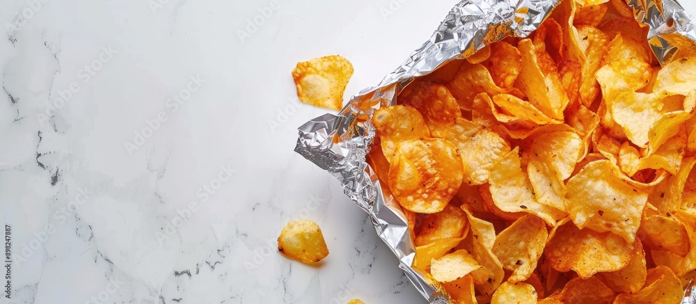 Aufkleber close up of chips in foil packaging on a white background featuring a spacious area for text or imag