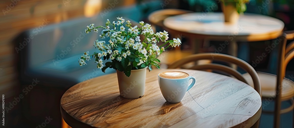 Poster a cafe latte sits on a wooden table beside a small plant with blooms contains copy space image