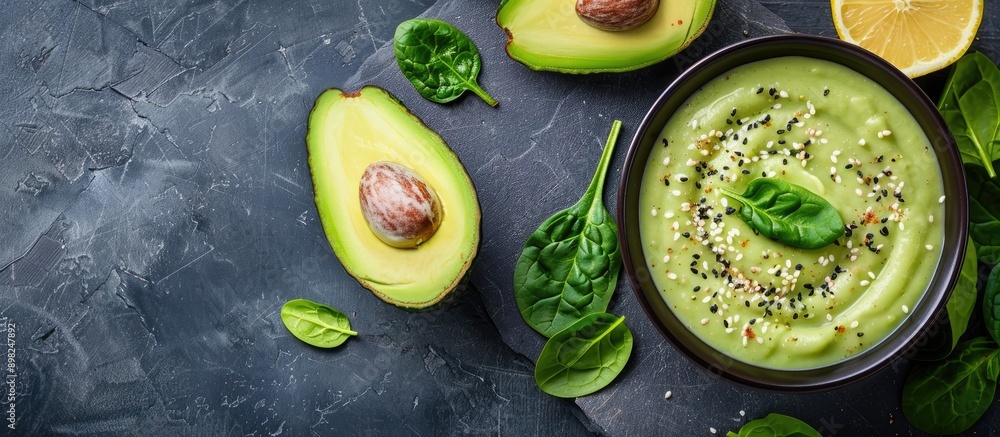 Poster Creamy avocado soup with spinach presented in a top view setting featuring a diet food concept with vegetarian and vegan options shown in a copy space image