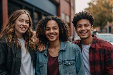 Obraz premium Group portrait of multiracial friends students in park. College or High School Students Friends Group