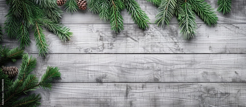 Poster top view of a christmas themed gray wooden background adorned with a fir tree providing a designated