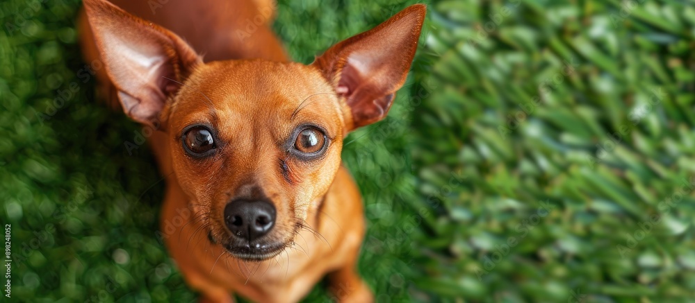 Aufkleber a cute toy terrier standing on green grass seen from above in a domestic setting with copy space ima