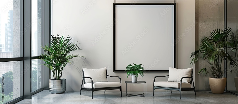 Aufkleber Contemporary waiting area features two armchairs and a large empty poster on the wall perfect for a copy space image