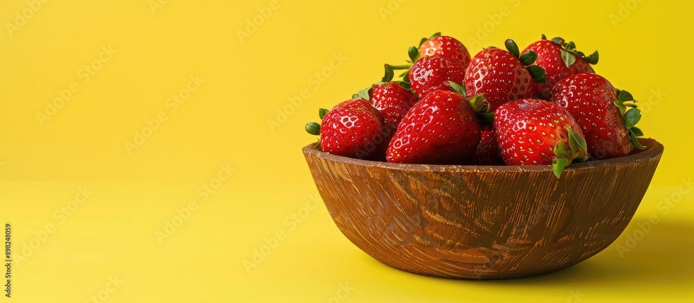 Poster a clay bowl filled with fresh organic strawberries set against a yellow backdrop offering ample copy