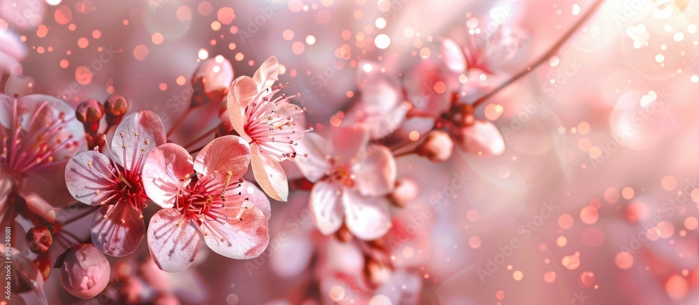 Poster Cherry blossom on a spring tree branch against an artistic background with focus and room for text in the image. Creative banner. Copyspace image